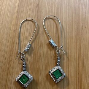 Hand Crafted Earrings Green Enamel Charm on Fish Hook with Rhinestones